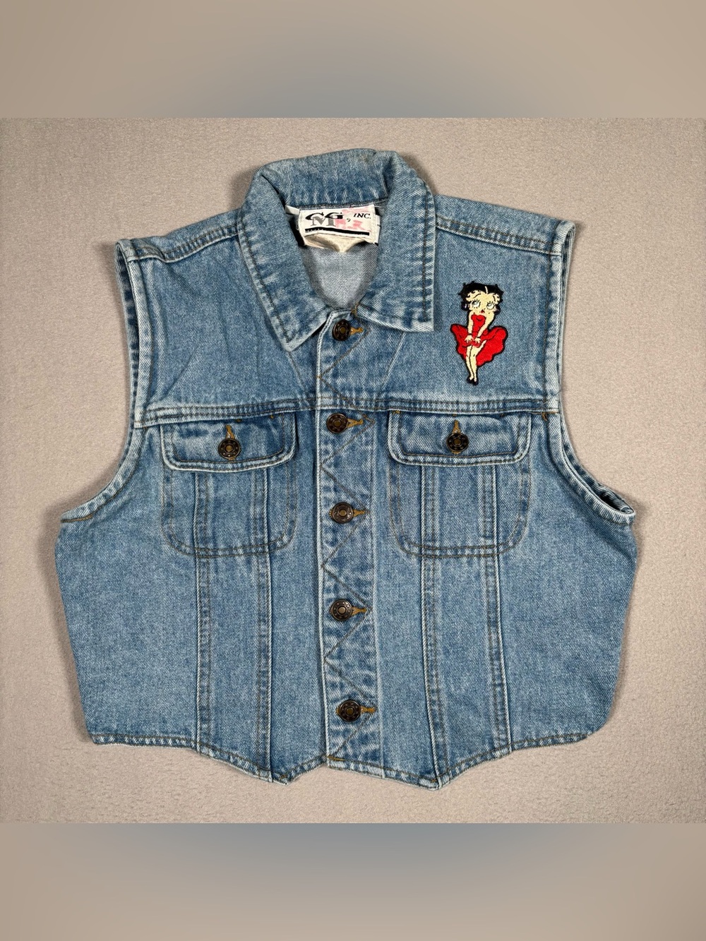 Vintage CMG Inc Betty-Boop Denim Vest Womens Medium Blue Sleeveless 90s